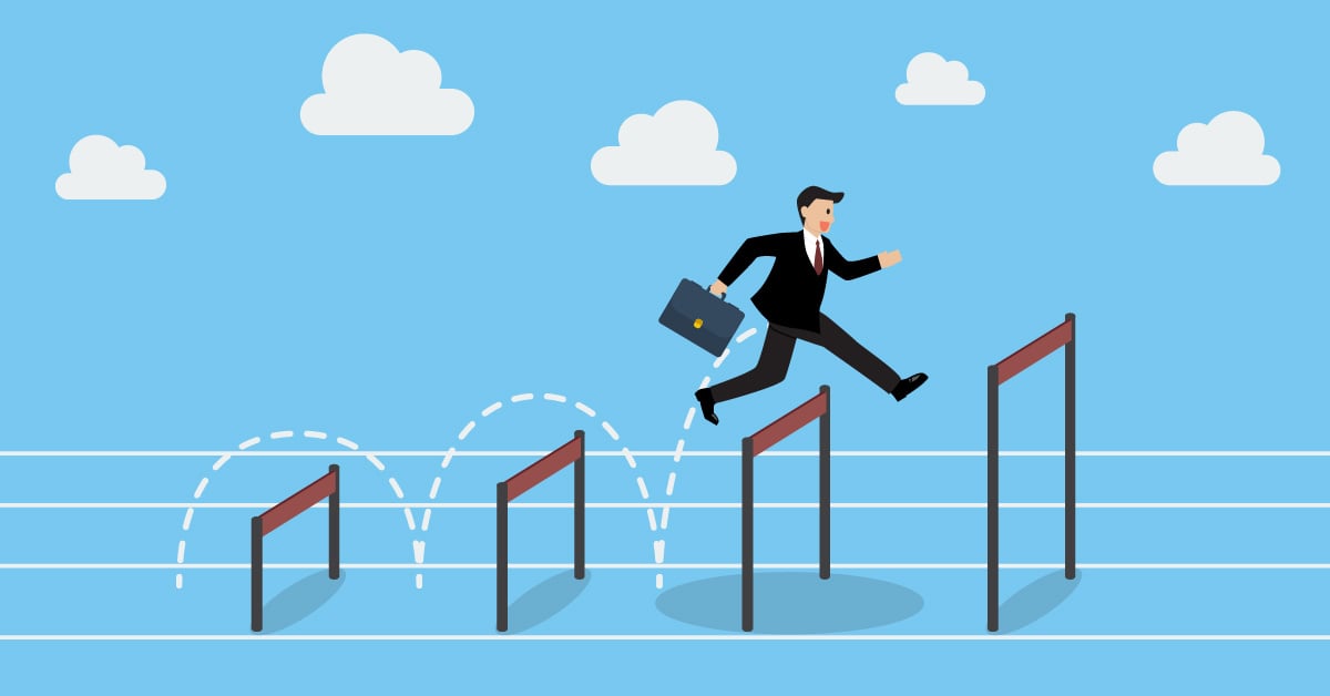 A pharmaceutical executive in a business suit leaps over a series of increasingly bigger regulatory hurdles in drug development.